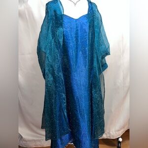 Elegant Dark high-low Teal Dress with Sheer Overlay